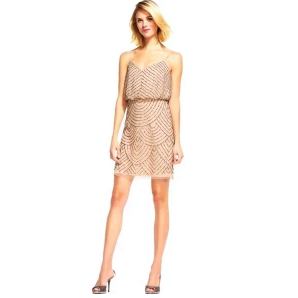 Adrianna Papell blush short beaded dress. Size 6, new with tags. Never worn